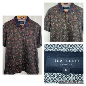 Ted Baker London Polo Shirt Mens Navy Multi Leaf Printed Cotton S/S Size 6